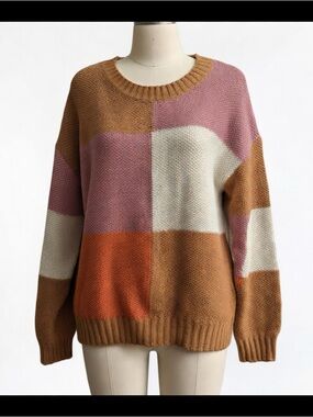 BiBi Colorblock Crewneck Sweater in Pink, Orange, Cream, Brown SZ XL
